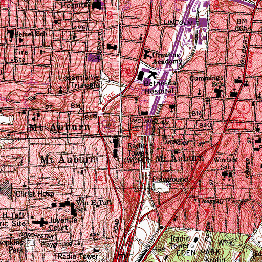 Topographic Map of WVXU-FM (Cincinnati), OH