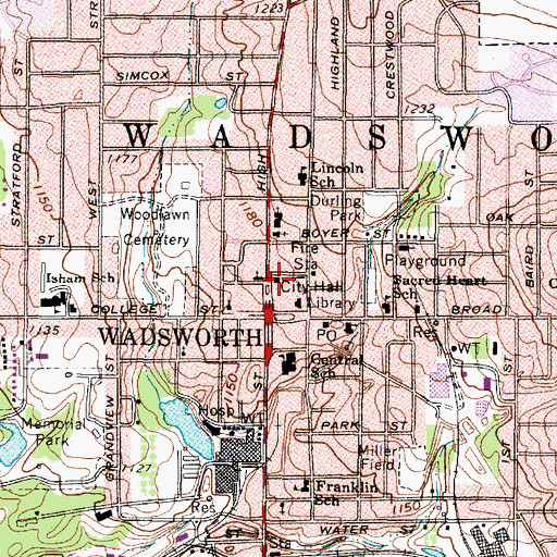 Topographic Map of Wadsworth City Hall, OH