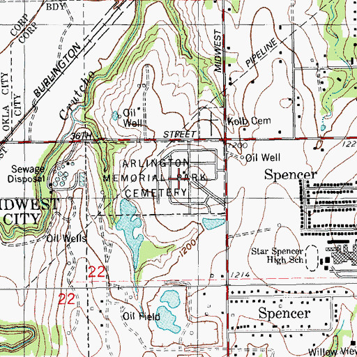 Topographic Map of Arlington Memory Gardens, OK