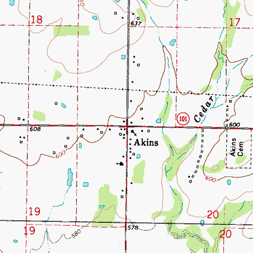 Topographic Map of Akins, OK