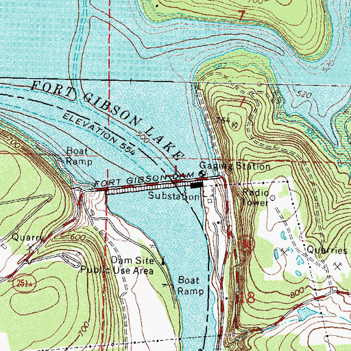 Topographic Map of Fort Gibson Dam, OK