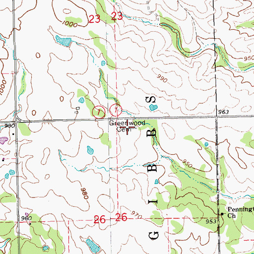 Topographic Map of Greenwood Cemetery, OK