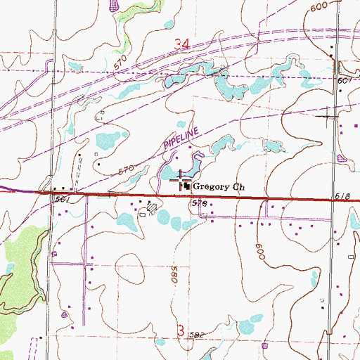 Topographic Map of Gregory Church, OK