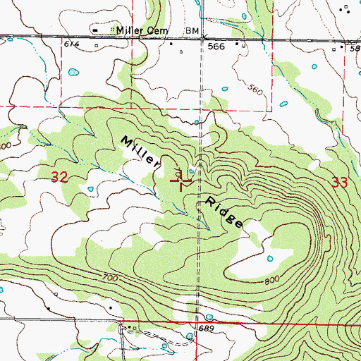 Topographic Map of Miller Ridge, OK
