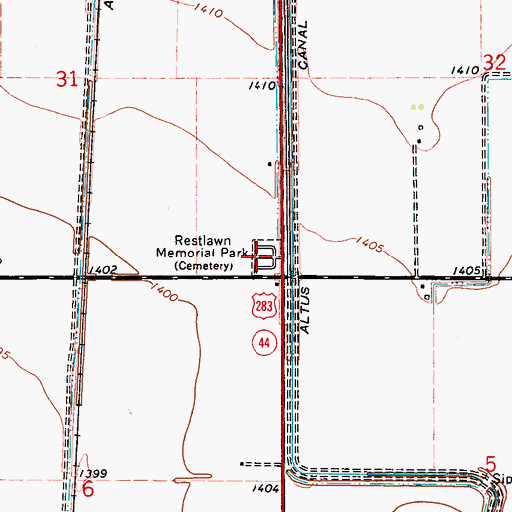 Topographic Map of Restlawn Memorial Park, OK