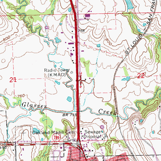 Topographic Map of KMAD-FM (Madill), OK