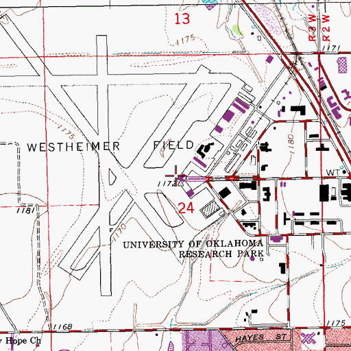 Topographic Map of University of Oklahoma Westheimer Airport, OK