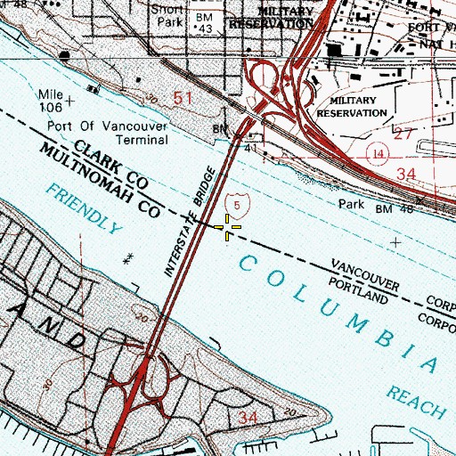 Topographic Map of Interstate Bridge, OR