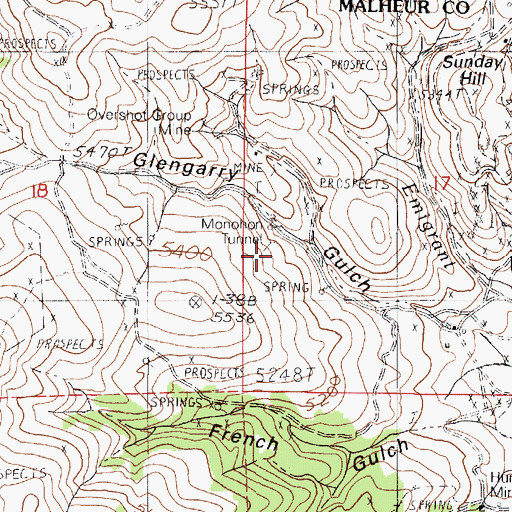 Topographic Map of Monohon Tunnel Mine, OR