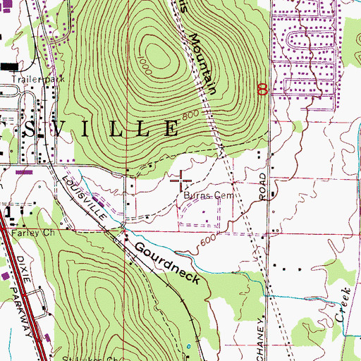 Topographic Map of Burns Cemetery, AL