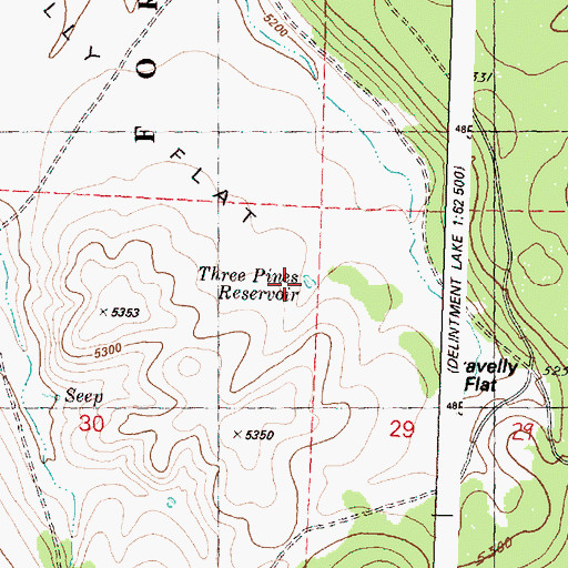 Topographic Map of Three Pines Reservoir, OR
