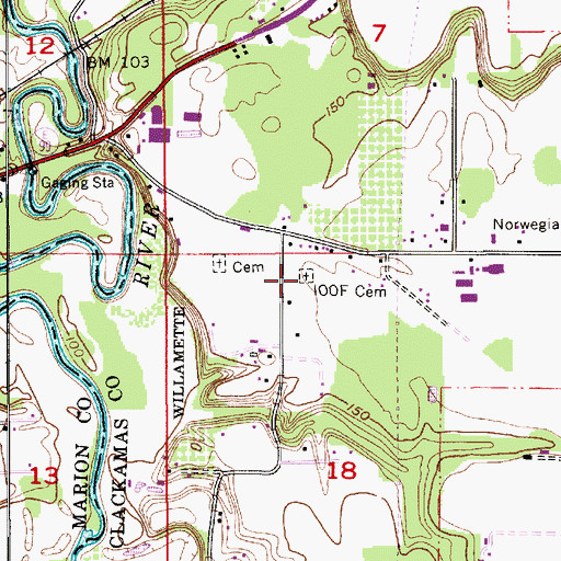 Topographic Map of Aurora IOOF Cemetery, OR