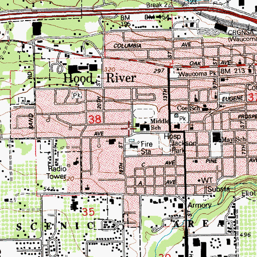 Topographic Map of Hood River Middle School, OR