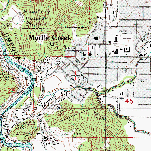 Topographic Map of Myrtle Creek Post Office, OR