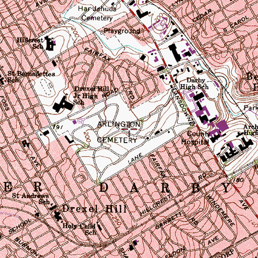 Topographic Map of Arlington Cemetery, PA