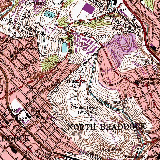 Topographic Map of Braddock Cemetery, PA