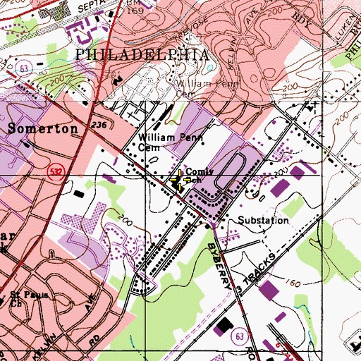 Topographic Map of Comly School, PA