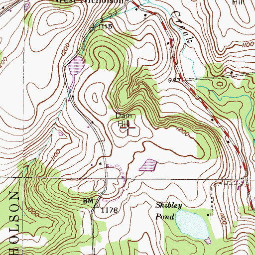 Topographic Map of Dam Hill, PA