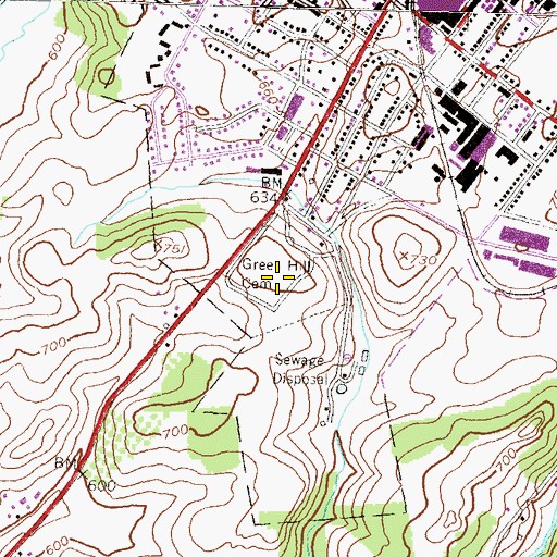 Topographic Map of Green Hill Cemetery, PA