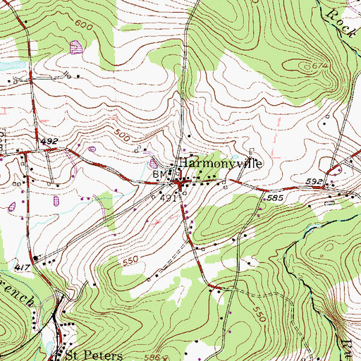 Topographic Map of Harmonyville, PA