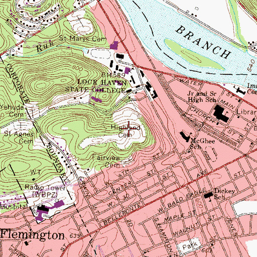 Topographic Map of Highland Cemetery, PA