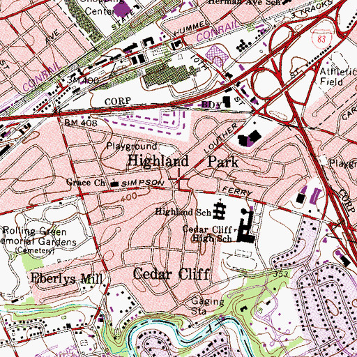 Topographic Map of Highland Park, PA