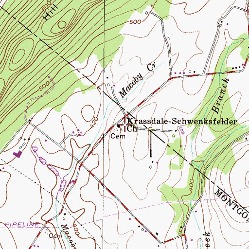 Topographic Map of Krassdale-Schwenksfelder Church, PA