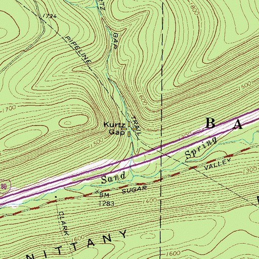 Topographic Map of Kurtz Gap, PA