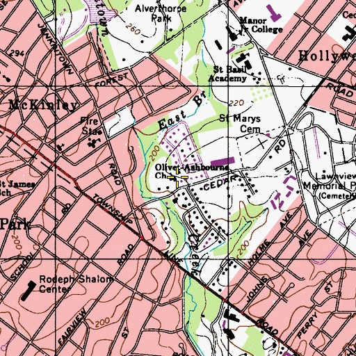 Topographic Map of Olivet Ashbourne Church, PA