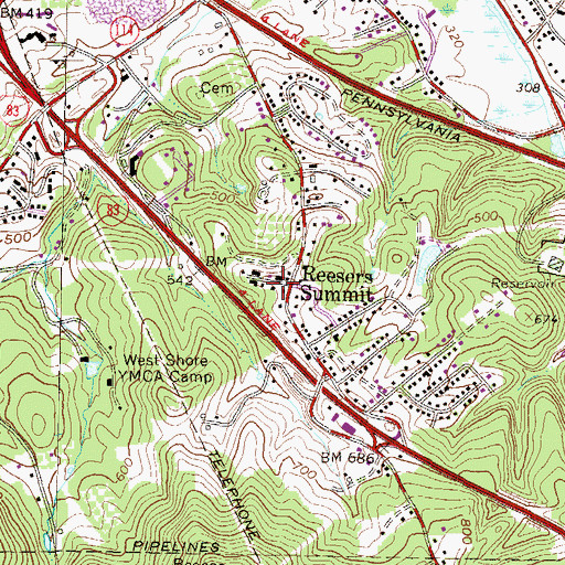 Topographic Map of Reesers Summit, PA