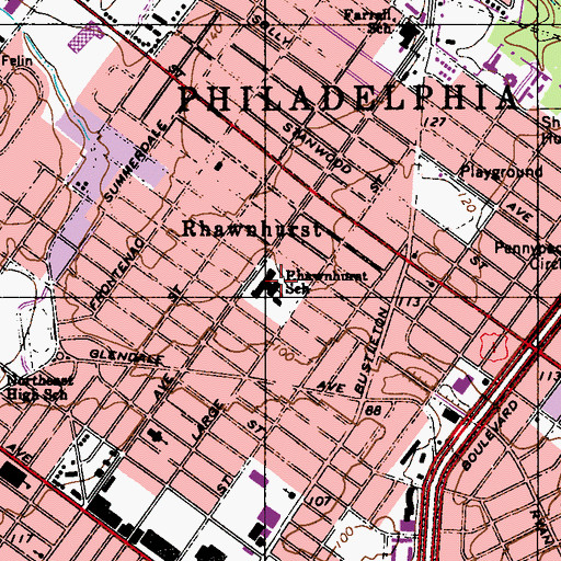 Topographic Map of Rhawnhurst School, PA