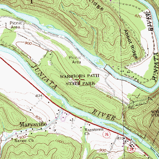 Topographic Map of Warriors Path State Park, PA