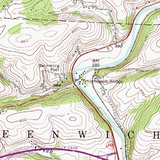 Topographic Map of Zettlemoyers Bridge, PA
