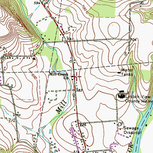 Topographic Map of Mill Creek Church, PA