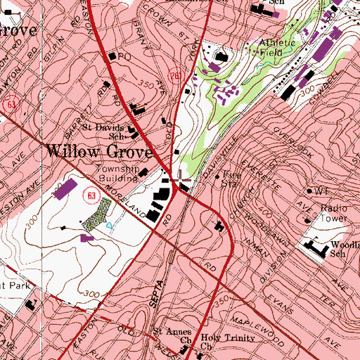 Topographic Map of Willow Grove, PA