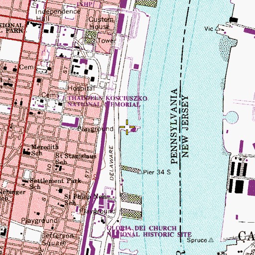 Topographic Map of Penns Landing Pier 36 Heliport, PA