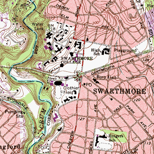 Topographic Map of Swathmore Station, PA