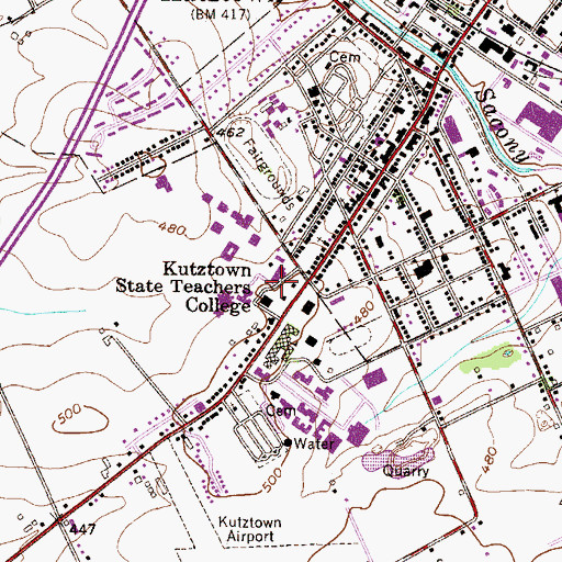 Topographic Map of Kutztown University of Pennsylvania, PA