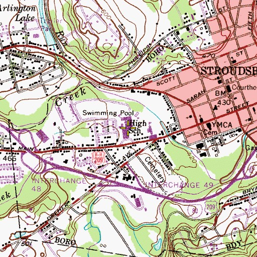 Topographic Map of Stroudsburg High School, PA