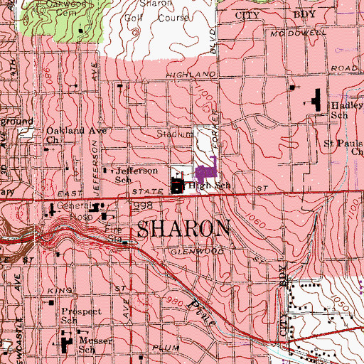 Topographic Map of Sharon High School, PA