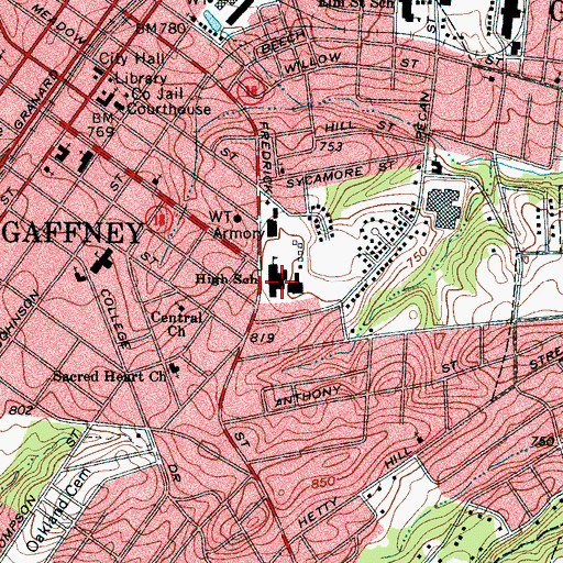 Topographic Map of Gaffney High School, SC