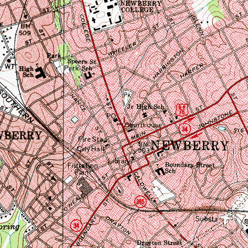 Topographic Map of Newberry Historic District, SC