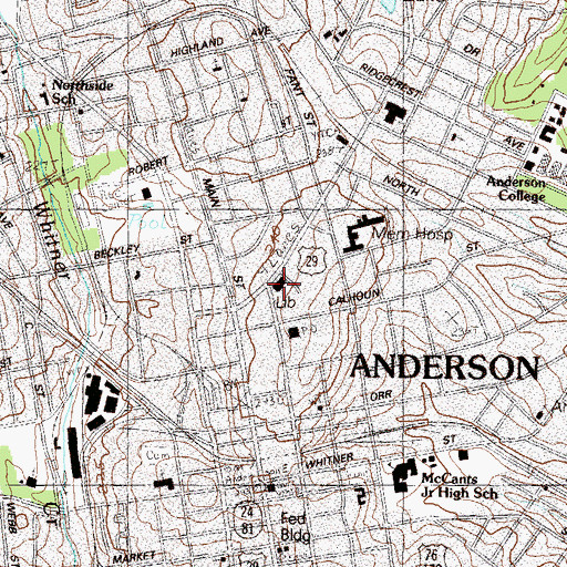 Topographic Map of Anderson County Library, SC