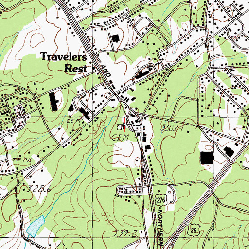Topographic Map of Travelers Rest Methodist Church, SC