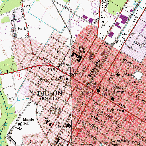 Topographic Map of Dillon Post Office, SC