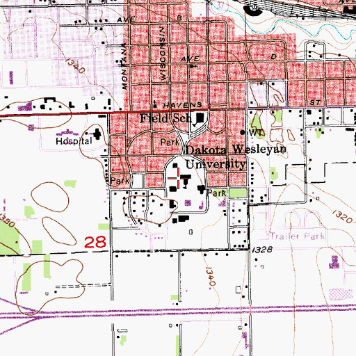 Topographic Map of Dakota Wesleyan University, SD