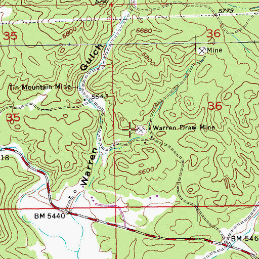 Topographic Map of Warren Draw Mine, SD