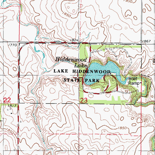 Topographic Map of Lake Hiddenwood State Park, SD