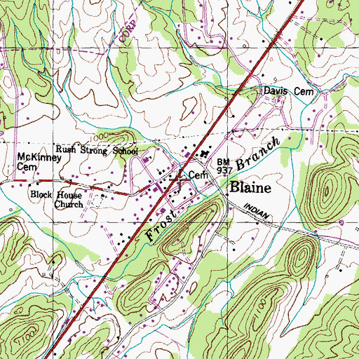 Topographic Map of Blaine, TN