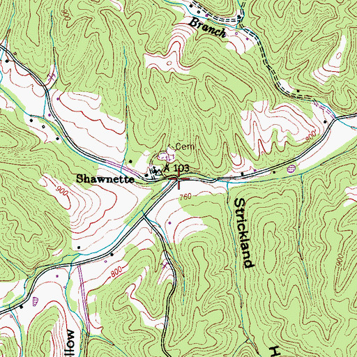 Topographic Map of Little Shawnette Creek, TN
